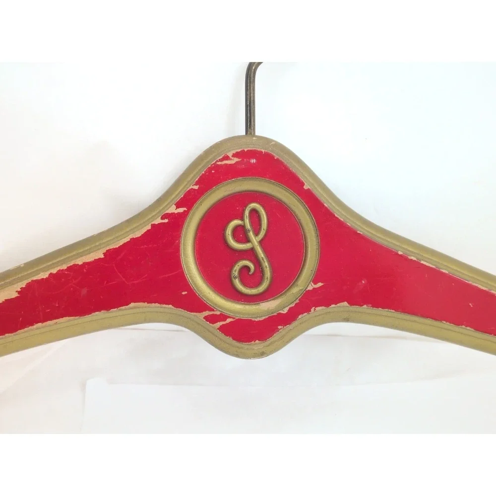 Hollywood Regency Red Gold Wooden Monogrammed Clothes Hanger Department S T L G